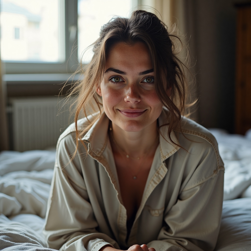 boudoir - Freckled woman in oversized button-down-